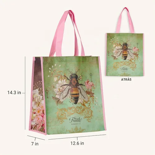 Vista 2 de Christian Art Gifts Bolsa de compras reutilizable floral Bumble Bee Versículo bíblico de fe, multicolor, Romanos 5:1, fácil de sostener, bolso Verde