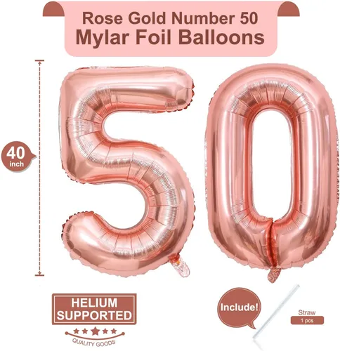 Vista 2 de Globos de 101,6 cm con número 50 en color oro rosa, globos gigantes de aluminio de 50, globos de helio con número digital en oro rosa, globos de oro