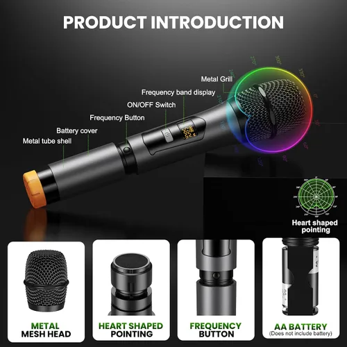 Vista 4 de Sistema de micrófono inalámbrico Micrófono dinámico inalámbrico UHF Micrófono de mano inalámbrico de doble canal con Echo Bluetooth Control