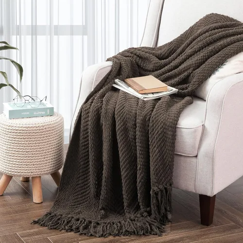 Vista 31 de Manta de punto suave con textura para sofá, manta de tweed crema con borlas de flecos para decoración del hogar, cama, sofá, silla, 50 x 60 Blanco
