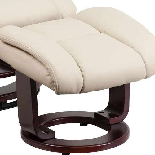 Vista 9 de Sillón reclinable y taburete de piel beige con base giratoria de madera caoba de Flash Furniture, Cuero, Beige Ajuste de palanca, reposabrazos