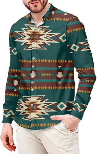 Vista 9 de Camisas aztecas con botones para hombre, vintage, nativo americano, patrón tribal nación, manga larga, camisa de talla grande para hombre