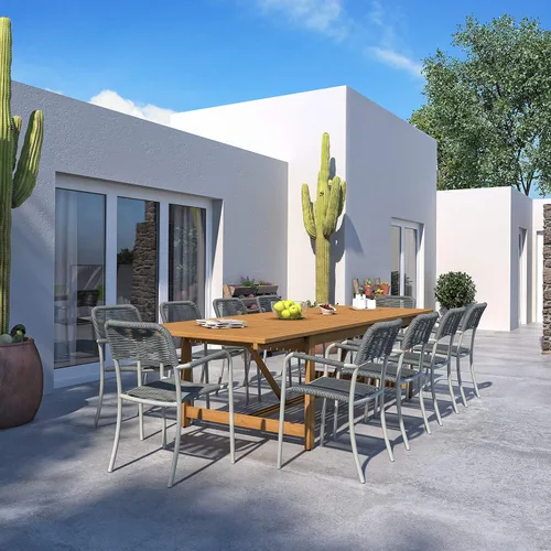 Vista 11 de Amazonia Mónaco - Juego de mesa de comedor rectangular de 9 piezas para exteriores, madera de eucalipto, ideal para patio e interior, acabado