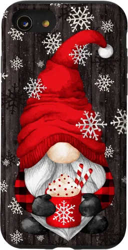 Vista 17 de iPhone 14 Pro Gnomo de Navidad rojo para mujeres con taza de cacao caliente lindo estuche de Navidad