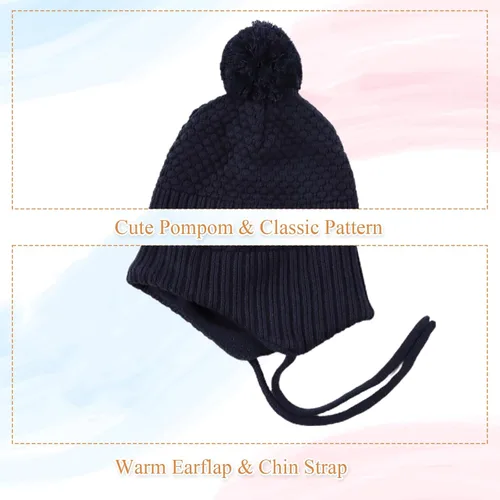 Vista 4 de Gorros de invierno para niña con forro polar para niños, gorro de punto con orejeras con pompón, de 0 a 8 años