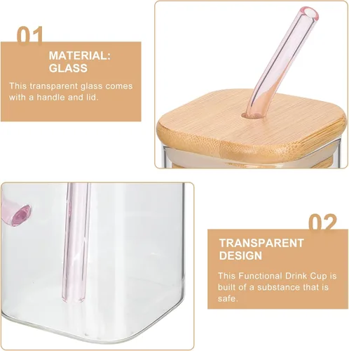 Vista 5 de Hemoton Beber con tapa de bambú y juego – Taza cuadrada de 13.5 oz (13.5 fl oz) con asa, vasos de café helado (rosa)
