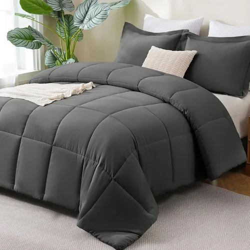 Vista 12 de CozyLux Juego de edredón Super King, juego de ropa de cama negro ceniza de 270GSM para todas las estaciones, juego de cama de 3 piezas cosidas