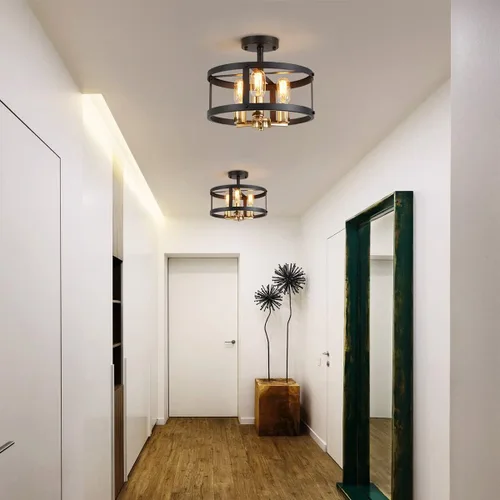 Vista 10 de AGV LIGHTING Lámpara de techo semiempotrada de granja, 3 luces cerca del techo, acabado dorado brillante y negro mate