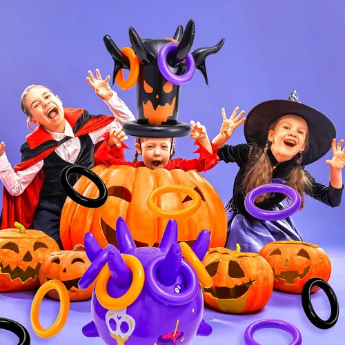 Vista 4 de Juego de lanzamiento de anillos de Halloween, inflable, espeluznante, juego de lanzamiento de brujas para niños, suministros de fiesta de Halloween