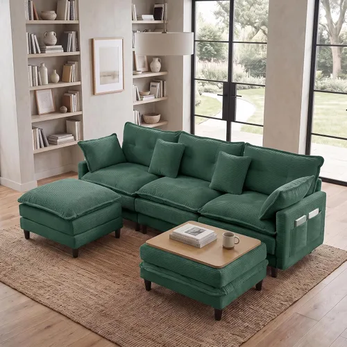 Vista 25 de Sofá de nube en forma de L de 73.5 pulgadas, sofá modular con mesa auxiliar otomana, sofá biplaza de pana con almohada, cómodo y moderno sofá