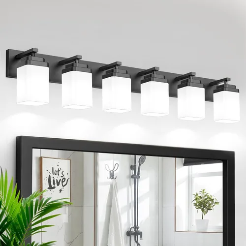 Vista 22 de Lámparas de baño de oro cepillado, 4 luces de baño sobre el espejo, diseño cuadrado y placa trasera grande rectangular, accesorios de iluminación