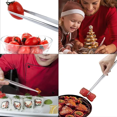 Vista 4 de Miupoo Pinzas rectas y curvadas de acero inoxidable, mango largo, juego de pinzas de precisión extralargas con puntas dentadas, plateado, 2 piezas