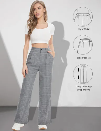 Vista 4 de Tapata Pantalones de pierna ancha para mujer, pantalones de vestir de cintura alta, casuales, elásticos, bolsillos para el trabajo y negocios