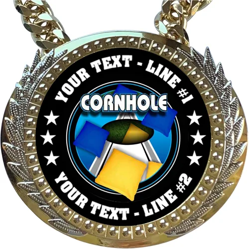 Vista 2 de Express Medals Trofeo de cadena de campeón de lanzamiento de bolsas de Cornhole versión de metal con 2 líneas de texto personalizado en una gran