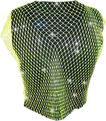 Vista 2 de Mxiqqpltky Camiseta sin mangas sexy para mujer, malla con diamantes de imitación, malla hueca, transparente, playa, festival, club, rave, ropa