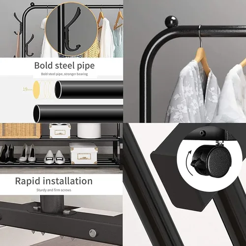 Vista 7 de Perchero resistente, perchero y perchero con ruedas, perchero independiente de doble barra para colgar ropa con estante de 2 niveles y organizador