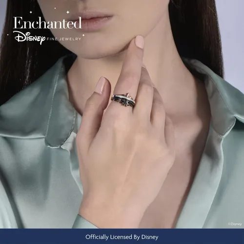 Vista 2 de Jewelili Enchanted Disney Fine Jewelry - Anillo de plata de ley con diamantes redondos negros y blancos naturales tratados con oro rosa y oro rosa