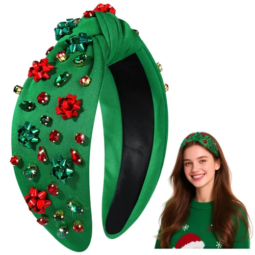 Vista 29 de Diadema de Navidad para mujer, accesorios de Navidad con cuentas, arco de Navidad, árbol, copo de nieve, diadema anudada HOHOHO, rojo y verde, perla