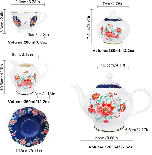 Vista 6 de fanquare Juego de té de porcelana victoriana de 21 piezas para 6, juego de tazas de té floral británicas reales para mujeres, juego de fiesta de té