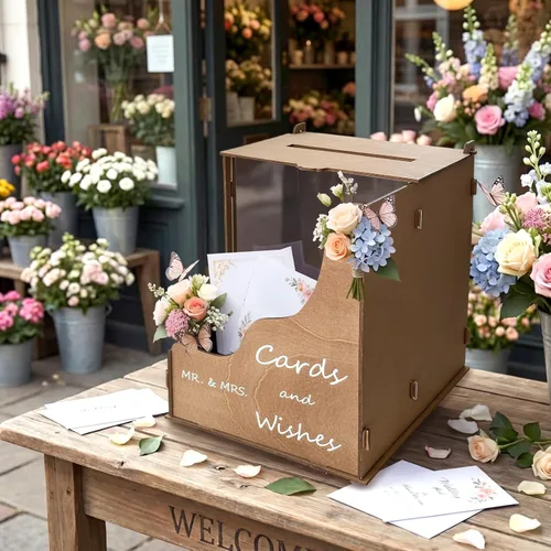 Vista 6 de OurWarm Caja de tarjetas de boda de madera con canal de flores onduladas, cajas de tarjetas de boda rústicas de color marrón para recepción