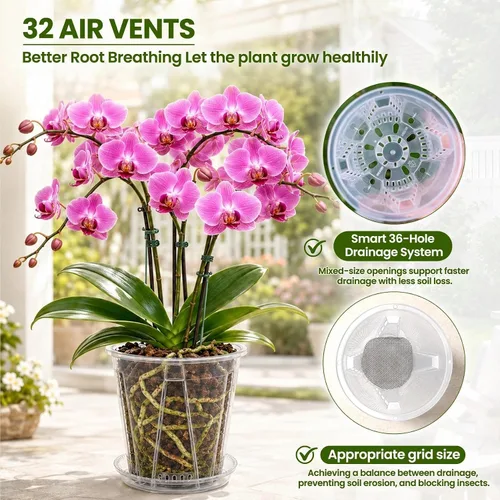 Vista 2 de Paquete de 12 macetas de plástico transparente para orquídeas con 4 pulgadas + 5 pulgadas + 6 pulgadas