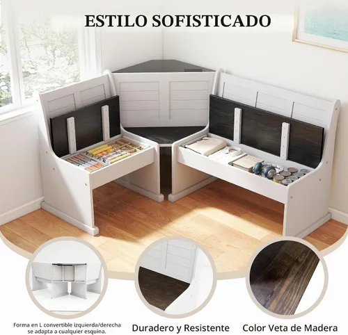 Vista 6 de Rincón de Desayuno Mesa de Comedor de Esquina de Cocina Juego de Banco y Silla, con Puertos de Carga, Almacenamiento Oculto que Ahorra Espacio 3-5