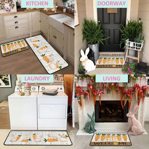 Vista 6 de Juego de 2 alfombras y tapetes de cocina de conejo de zanahoria y conejo, decoración de Pascua antideslizante, decoración de Pascua para el hogar
