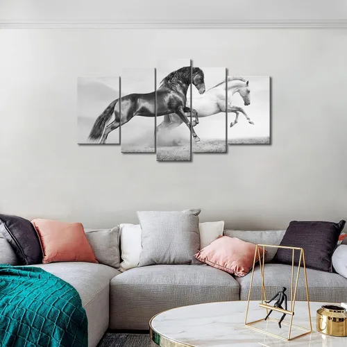 Vista 3 de Arte de pared de 5 paneles negro Friesian Running Horse Trot en el campo al atardecer, hierba y flores, cuadros impresos en lienzo animal la imagen