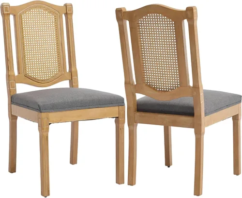 Vista 16 de ODUSE-DAILY Juego de 2 sillas de comedor French Country color beige, sillas de comedor de madera bohemia con respaldo tejido y asiento tapizado
