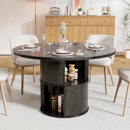 Vista 6 de Mesa de comedor redonda de 47 pulgadas para 4, mesa de comedor de cocina de granja con estante de almacenamiento de 2 capas y panel estriado