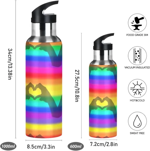 Vista 2 de Rainbow Stripes - Botella de agua aislada de acero inoxidable con pajilla, botellas de agua a prueba de fugas, botella de agua deportiva sin BPA