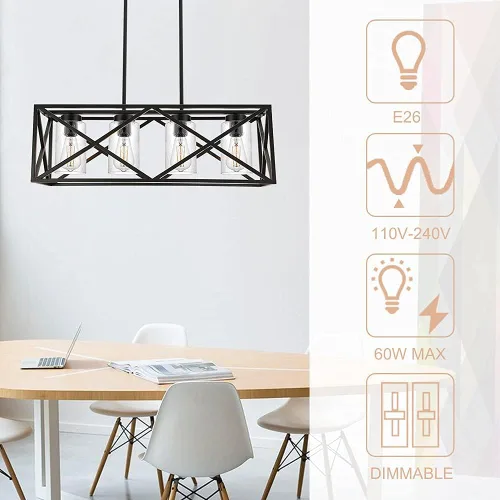 Vista 5 de Lámpara de araña negra para comedor con 4 luces, con cristal semillado, base E26
