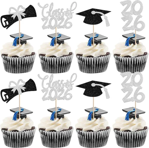 Vista 43 de 24 piezas 2026 temáticas de graduación 2026 decoraciones para cupcakes con purpurina clase de 2026 Diploma Congrats 2026 Tapa de graduación