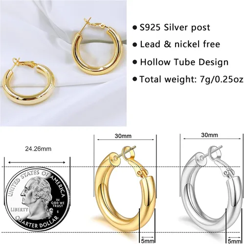 Vista 3 de Aretes de aro de oro grueso, aros ligeros de tubo de aulllow dorados gruesos para mujer, aretes grandes hipoalergénicos de 0.984in, 1.181in