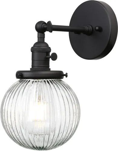 Vista 13 de PERMO Aplique de pared industrial vintage con accesorio de iluminación con mini pantalla de vidrio acanalado redonda transparente de 5.9 pulgadas