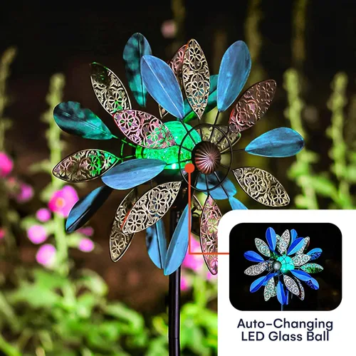 Vista 5 de Molinillos de viento de 75 pulgadas Arabesque - Funciona con energía solar con bola de vidrio LED multicolor - Molinillo de viento cinético de metal