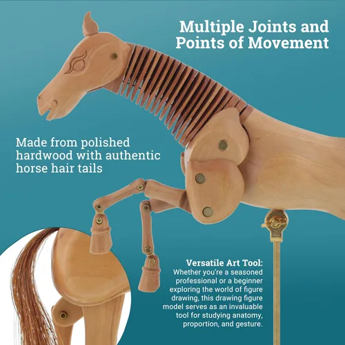Vista 4 de U.S. Art Supply Maniquí de caballo de madera de 8 pulgadas para dibujar - Maniquí articulado con base y cuerpo flexible para dibujar la figura equina
