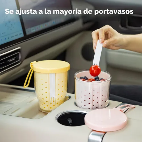 Vista 3 de Vasos de frutas de viaje de 25 onzas para automóvil, taza de almacenamiento de ensalada de frutas con tenedor y tapas, recipientes reutilizables a