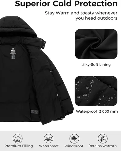 Vista 5 de wantdo Chaqueta acolchada para mujer, abrigo de invierno ligero con capucha extraíble Negro