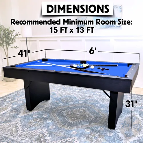Vista 2 de Mesa de billar de 6 pies, sin montaje, portátil, incluye accesorios para mesas de billar, 2 tacos de piscina, juego de bolas, triángulo, cepillo