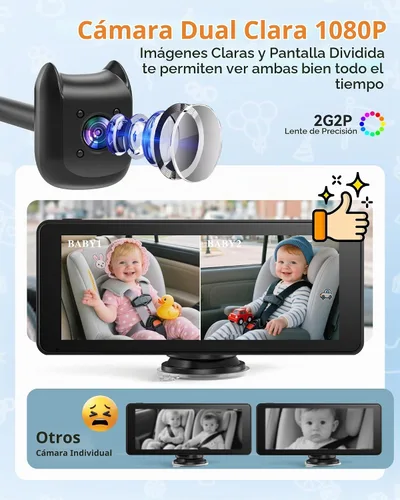 Vista 2 de Monitor de bebé con doble cámara para automóvil con pantalla dividida de 6.9 pulgadas