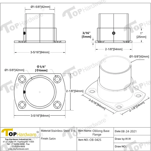 Vista 2 de Brida de base oblonga de grado 316 de acero inoxidable para poste de tubo OD de 1-5/8" (42 mm)