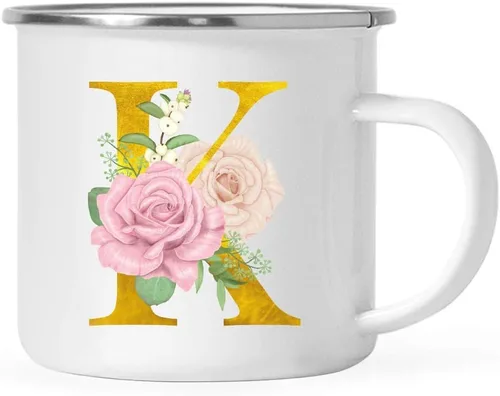 Vista 29 de Andaz Press Taza de café de acero inoxidable para niños de 11 onzas, regalo de taza de café de fogata, rosa rubor, monograma de oro sintético, letra