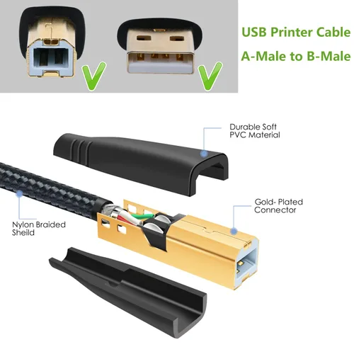 Vista 2 de OKRAY Cable USB para impresora, paquete de 2 cables USB 2.0 tipo A a B de 6 pies, cable de impresora macho a macho, cable de escáner trenzado