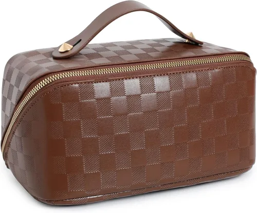 Vista 15 de Bolsas de maquillaje a cuadros de gran capacidad, bolsas de cosméticos portátiles de viaje, bolsa de aseo abierta y plana para mujeres y niñas