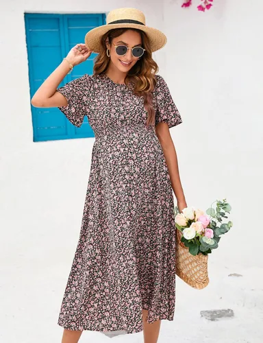 Vista 2 de KOJOOIN Vestido de maternidad bohemio con volantes de manga corta para mujer, vestido midi con cuello redondo fruncido floral para baby shower