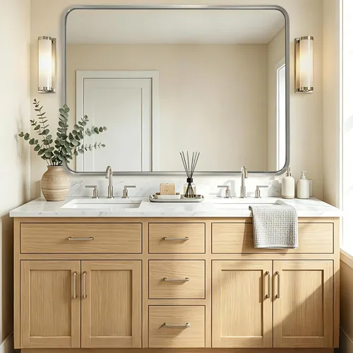 Vista 11 de Espejo de latón para baño, espejo rectangular redondeado de 22x30 pulgadas con marco de metal cepillado dorado, espejo de tocador de baño sin