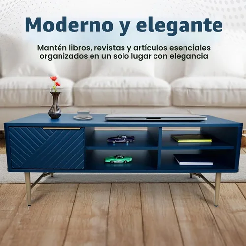 Vista 6 de Mesa de centro moderna con almacenamiento, acabado mate azul oscuro con patas doradas, mesa de centro cuadrada para sala de estar y granja