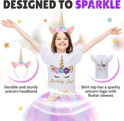 Vista 3 de Unicorn Birthday Outfit for Girl Unicorn Tutu Dress Birthday Girl Shirt with Headband