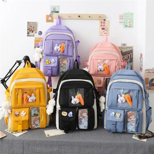 Vista 4 de Mochila Kawaii con colgantes y alfileres Kawaii, juego de 5 piezas para adolescentes y niñas, mochila escolar linda mochila estética, B1